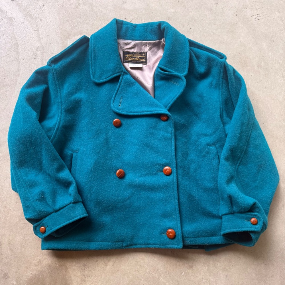 Eddie Bauer Vintage Teal Wool Pea Coat Jacket Womens Medium Double Breasted USA